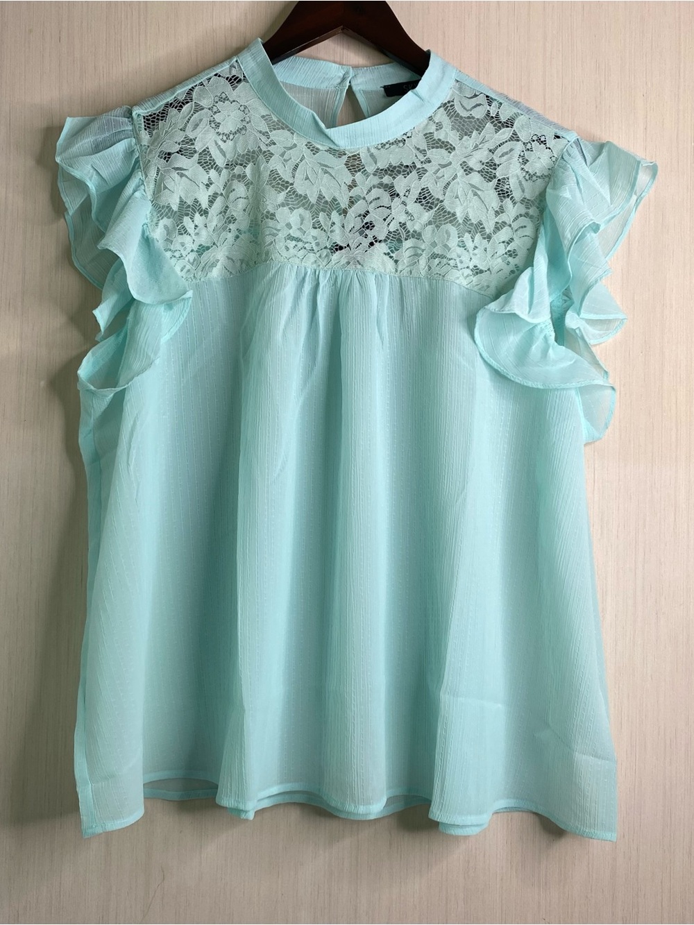 NWT Sky Plus Women’s Sheer Lace Yoke Ruffle Sleeve Blouse Blue 3X